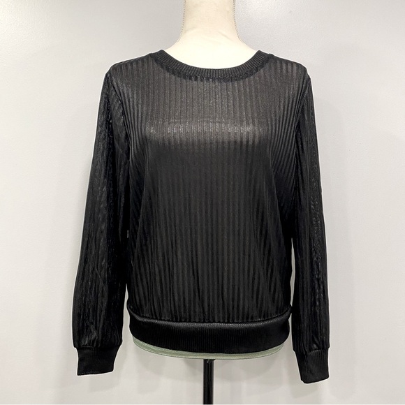 Who What Wear Sweaters - WHO WHAT WEAR S Black Semi-Sheer Striped Mesh LS Metallic Whimsigoth Holiday Top